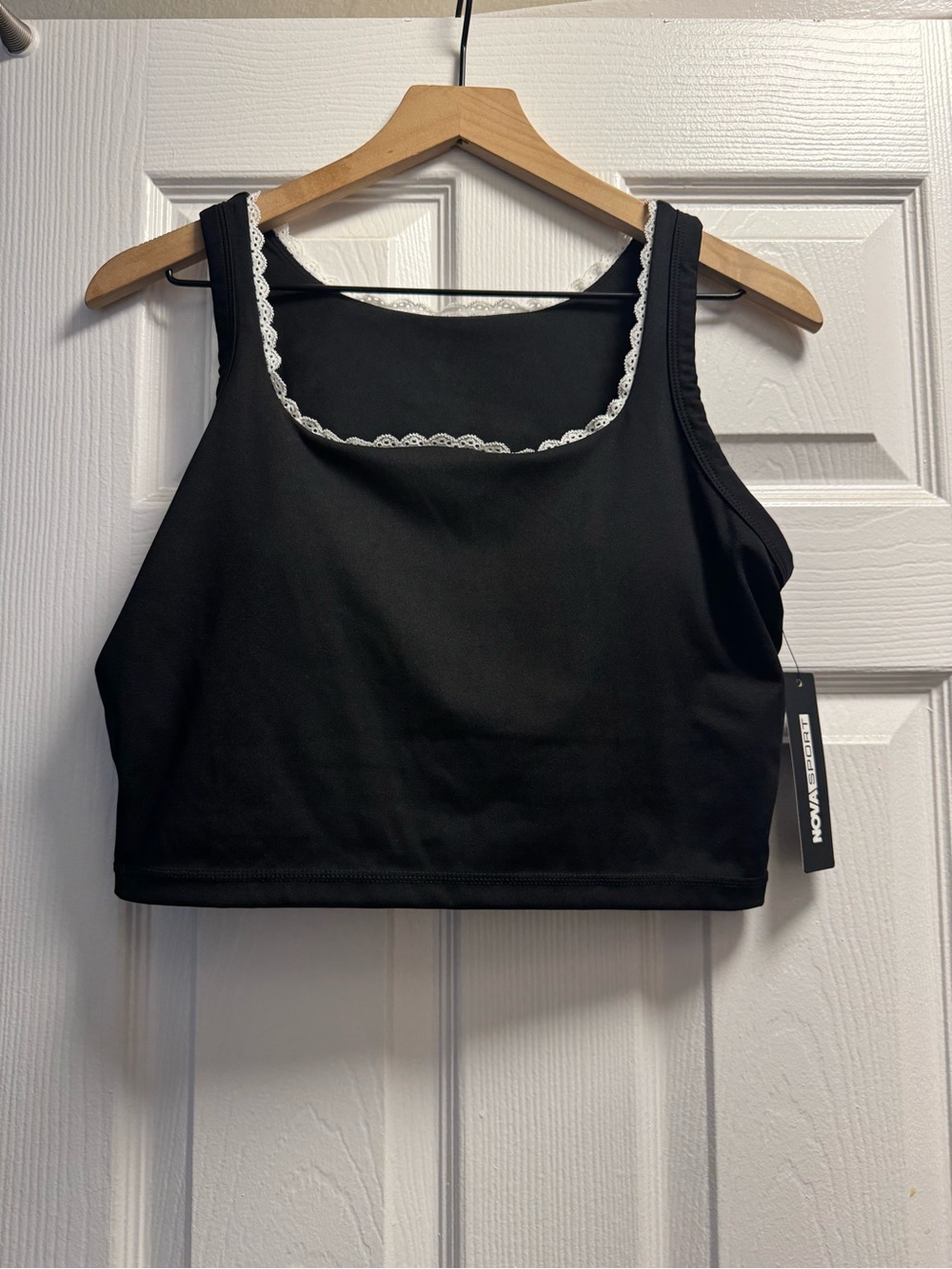 Black Padded Cropped Tank Top with Delicate White Lace Trim